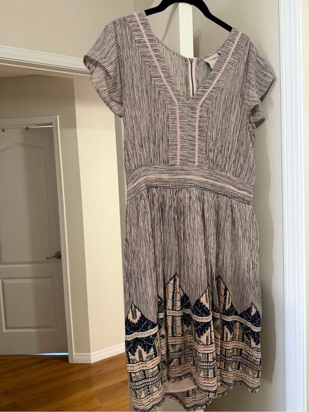 Vero Moda Beige and Navy Striped Embroidered Cap-Sleeve Midi Dress